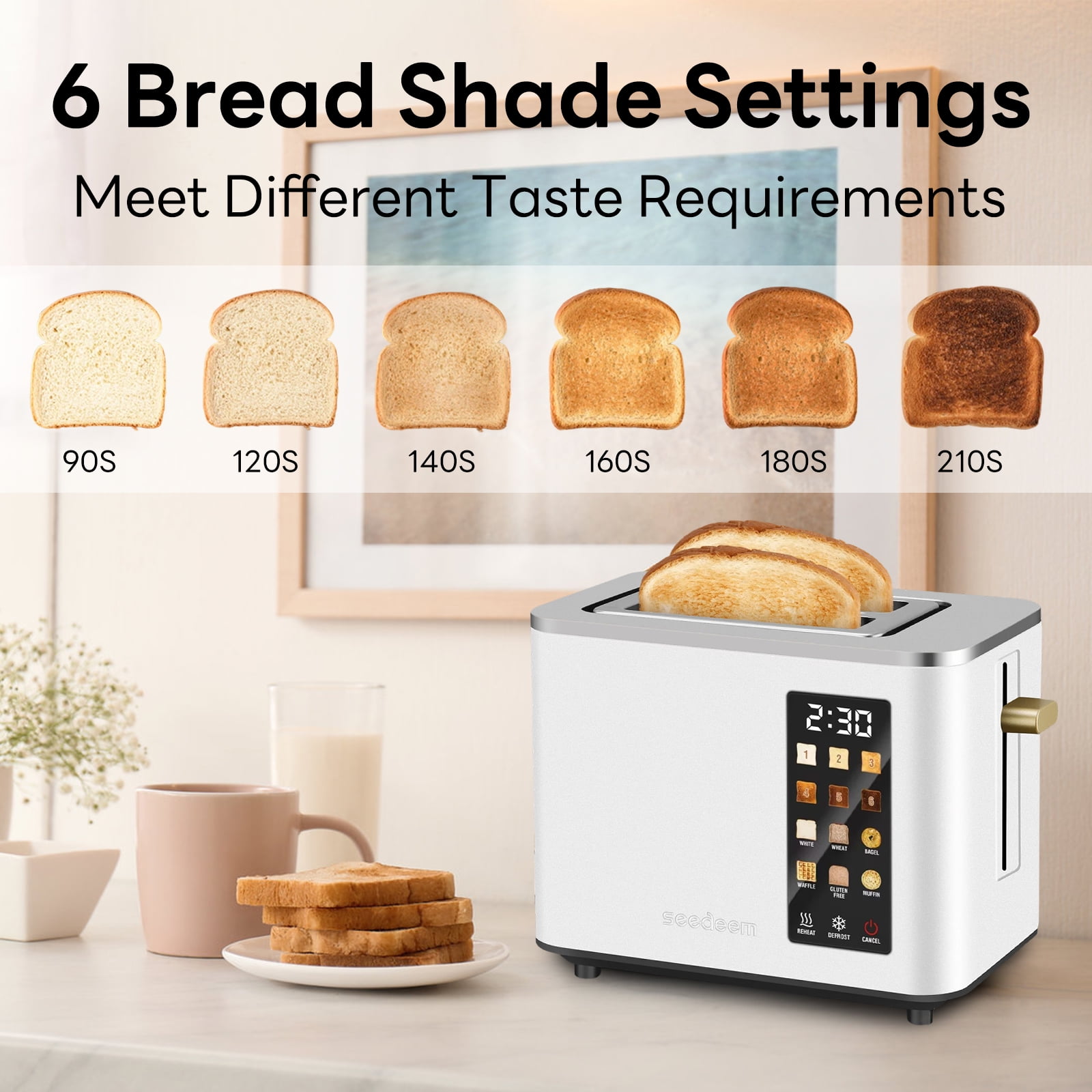 2 Slice-Toaster,Touch Control LCD Screen,6 Shade Setting & Bread Selection,Removable Crumb Tray,Stainless Steel,900W,White