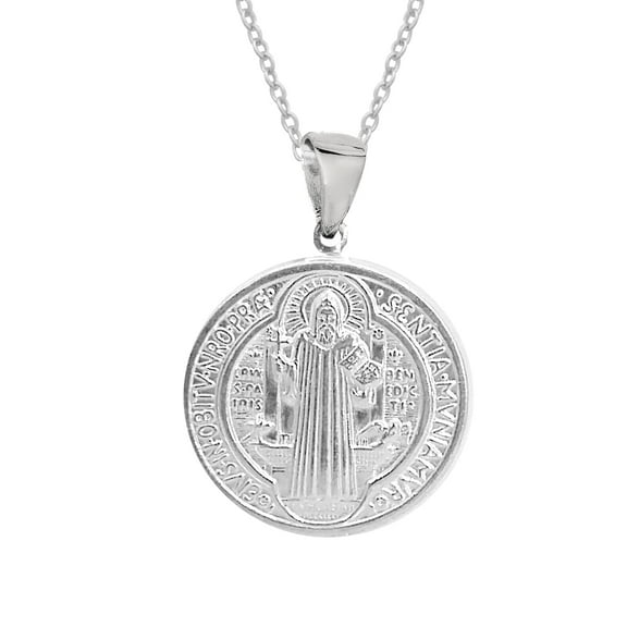 Sterling Silver San Benito St Saint Benedict Medallion Medal 15mm Charm Necklace 24 Inches