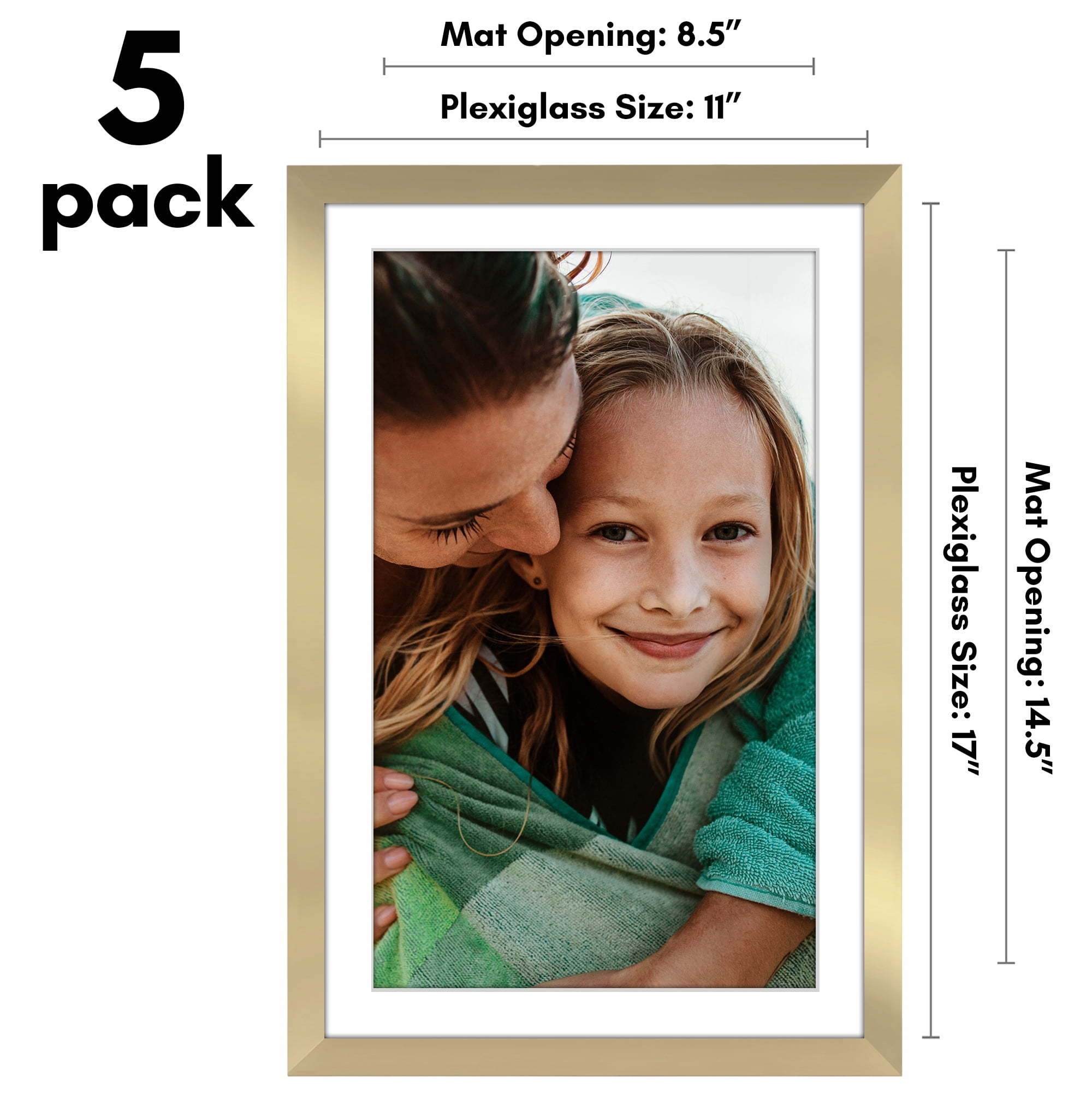 Americanflat 11x17 Picture Frame with Polished Plexiglass with 9x15 Mat 5 Pack Display Photo Galleria - Gold