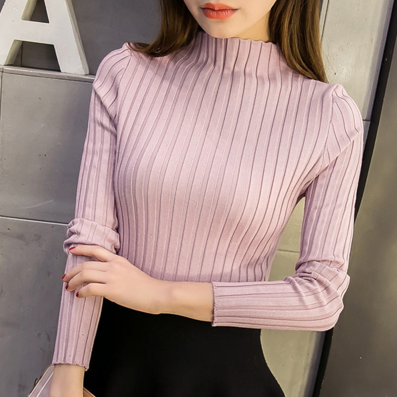 Women's Long Sleeve Slim Knitted Turtleneck Sweater Jumper Pullover Tops Pink