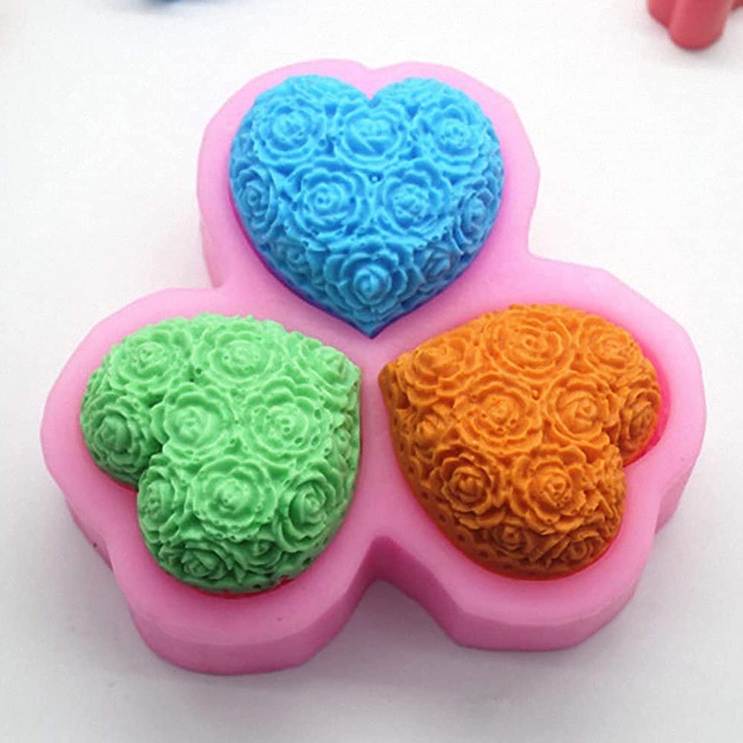 ABCISI 3-Cavity Heart Rose Flower Silicone Mold, DIY Silicone Mold for Soap Fondant Cake Decoration Chocolate Candle Bath Bomb, Perfect for Valentine's Day Gift, Wedding, Anniversary, Engagement