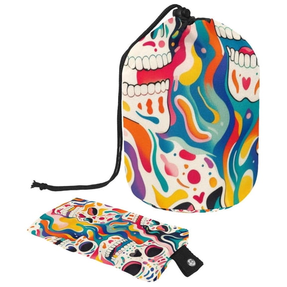 PhooArto Large Barrel Drawstring Makeup Bag, Colorful Skull Pattern Travel Cosmetic Bag Portable Make Up Organizer Bag