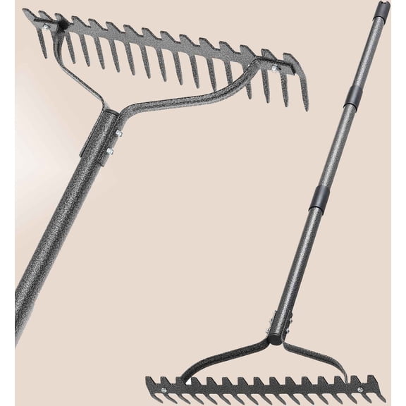 Garden Rake, Adjustable Long Handle Lawn Leveling Bow Rake with Tines, Heavy Duty Metal for Loosening Soil, Weed Control
