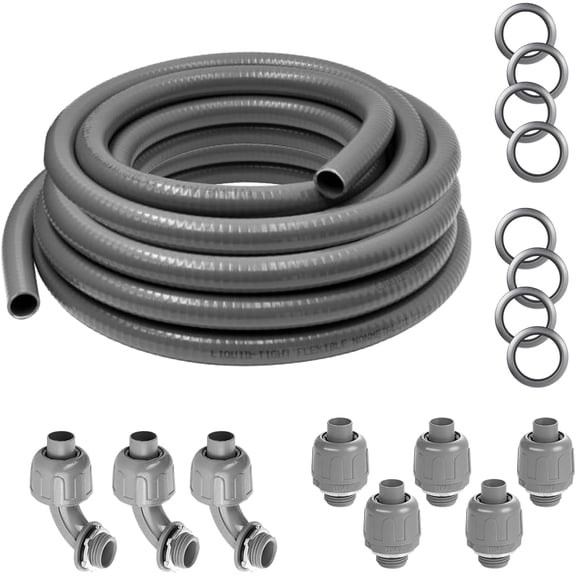 1/2" 25 Ft Liquid-Tight Conduit UL Certification - Flexible Non-Metallic Liquid Tight Electrical Flexible Conduit with 5 Straight and 3 90-Degree Connector Fittings