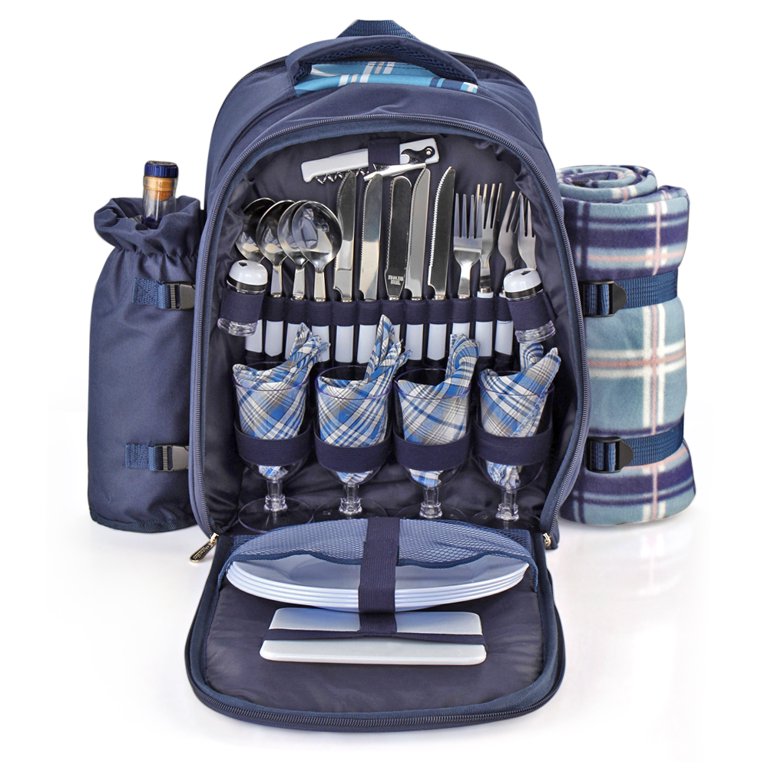 Travel Picnic Backpack For 4 With Blanket (Blue) Wine Picnic