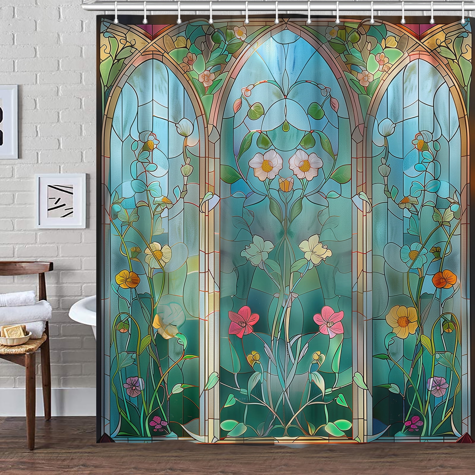 Cute Stained Glass Shower Curtain, Boho Vintage Floral Teal Fabric Shower Curtains Set for Women Girls Bathroom Decorative, Pretty Flowers Restroom Decor Accessories with Hooks 72X84 Inch