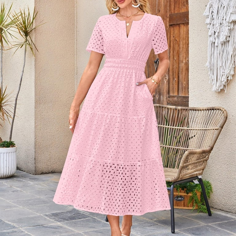 Feancey Summer Maxi Dresses for Women V Neck Short Sleeve Eyelet Dress High Waist Casual Beach Vacation Dresses Flowy Ruffle Swing Dress with Pockets