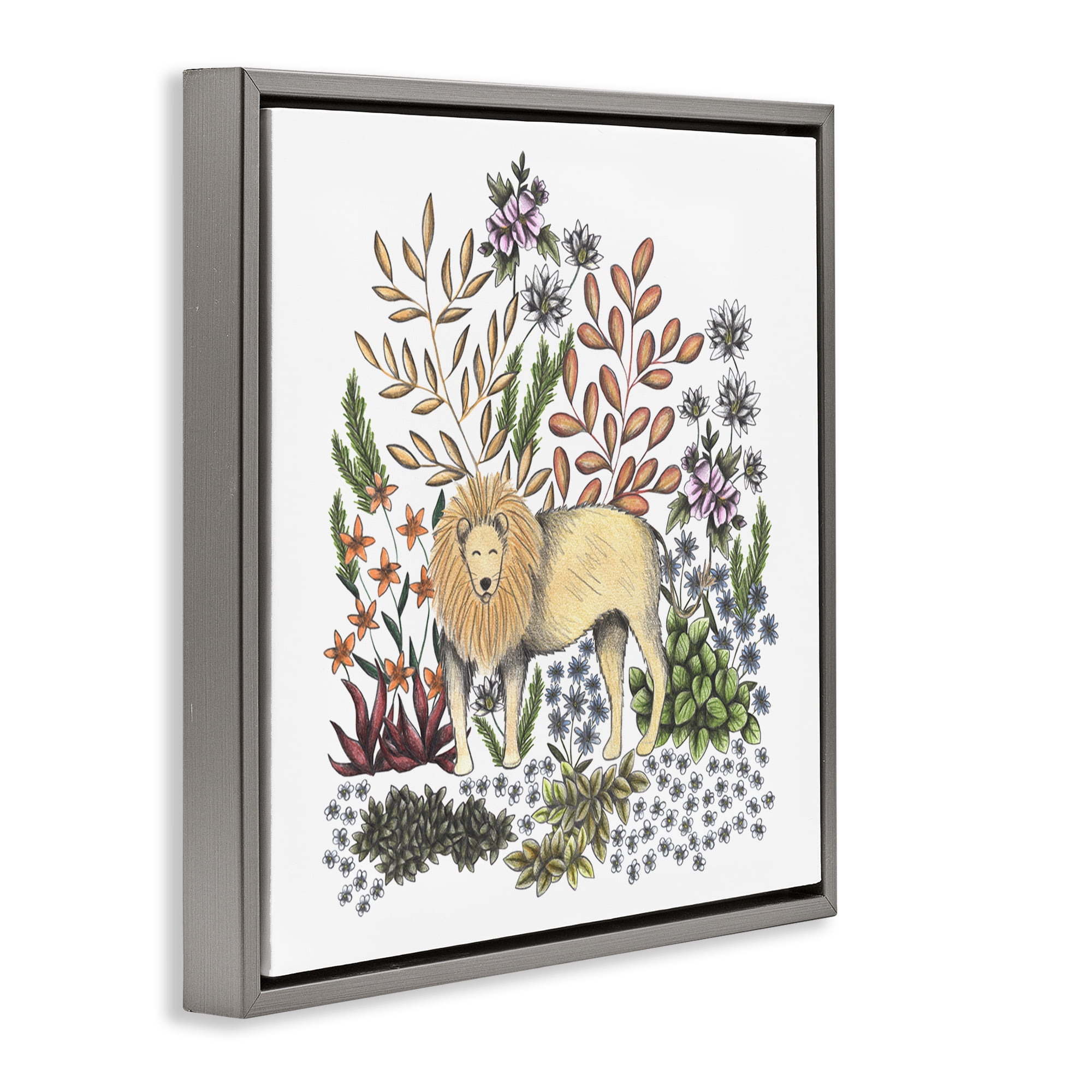 Jungle Wildlife Lion Gray Framed Floater Canvas Wall Art, design by Cecilia Battaini