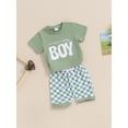 thumbnail image 4 of vera natura Toddler Boys Summer Outfits Letter Print Short Sleeve T-Shirt and Checkerboard Shorts Clothes Set, 4 of 8