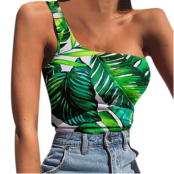 USSUMA Womens Tops Casual Women's Fashion Shirts Round Neck Summer Tops Printing Vest One Shoulder Sleeveless Plus Tunics Tops Ladies Tops Trendy