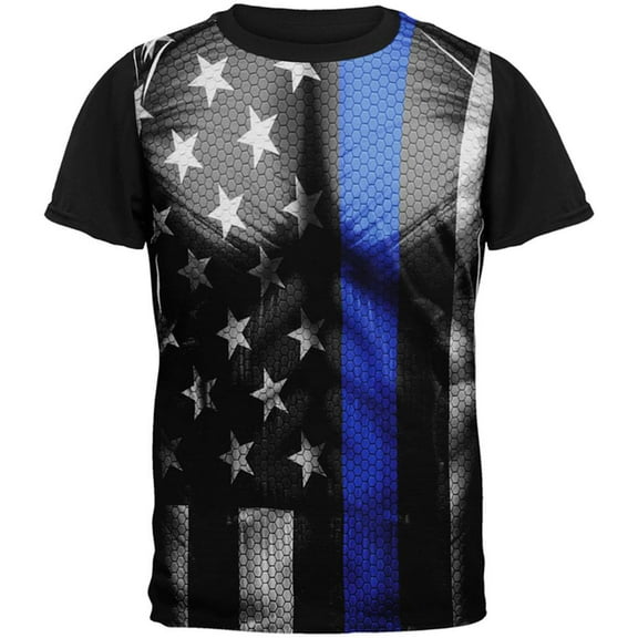 Halloween Thin Blue Line Superhero Costume All Over Mens Black Back T Shirt Multi X-LG