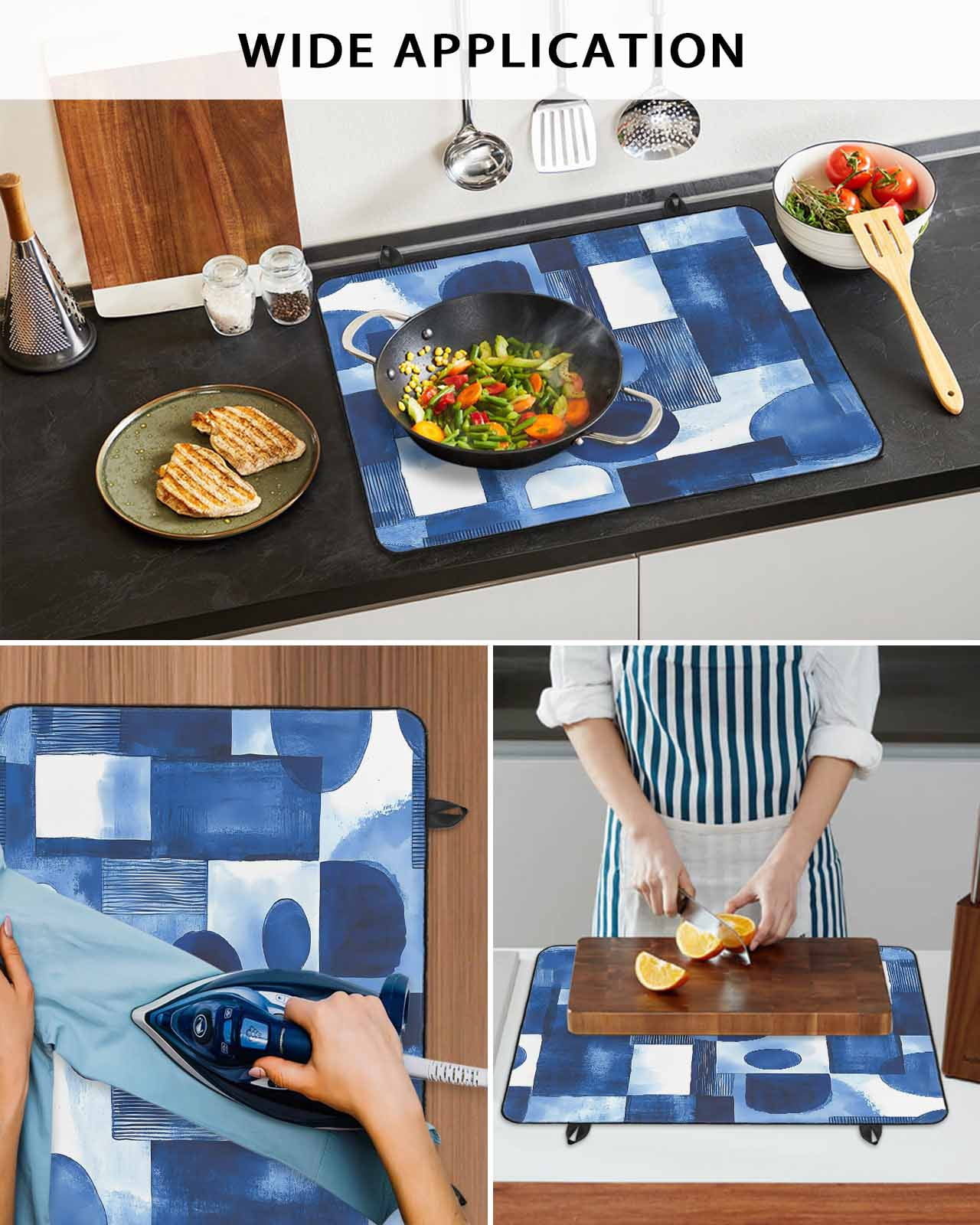 nqOlkjepod Large Induction Cooktop Protector Mat 24"x21", Blue Geometric Stove Top Covers for Electric Stove, Middle Century Vintage Lines Art Stove Burner Cover Mats, Glass Top Stove Cover