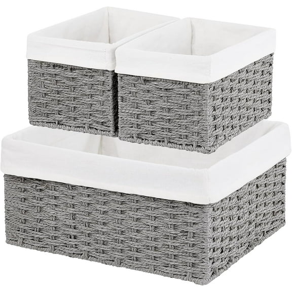 Wicker Basket, Set of 3 Hand-woven Storage Baskets for Organizing, Decorative Rectangle Wicker Storage Basket Bins with Handles, Small Toilet Paper Storage Baskets for Shelves & Decor, Grey