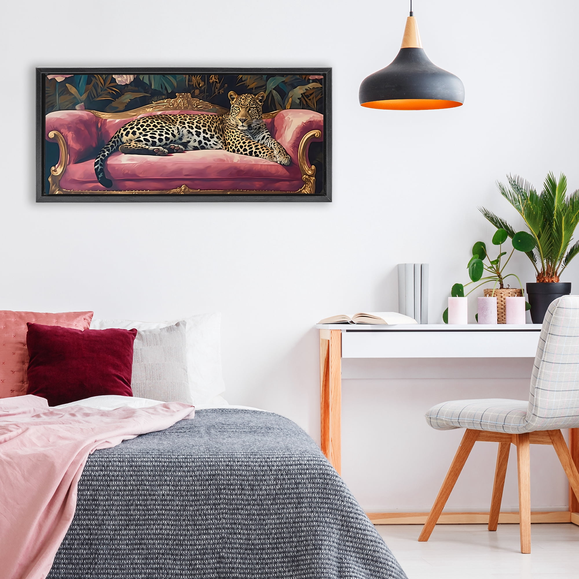Stupell Industries Regal Relaxation Leopard on Pink Black Framed Floater Canvas Wall Art, design by Creative Studio