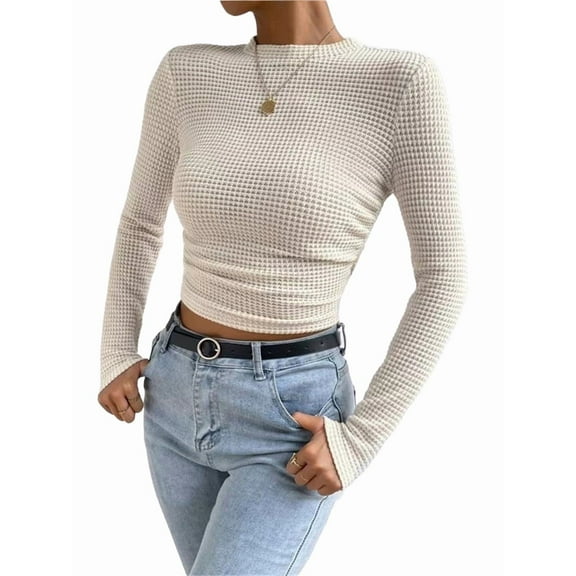 Women'S Waffle Knit Tops Long Sleeve Shirts Casual Slim Fitted Crew Neck Pullover Shirts  M