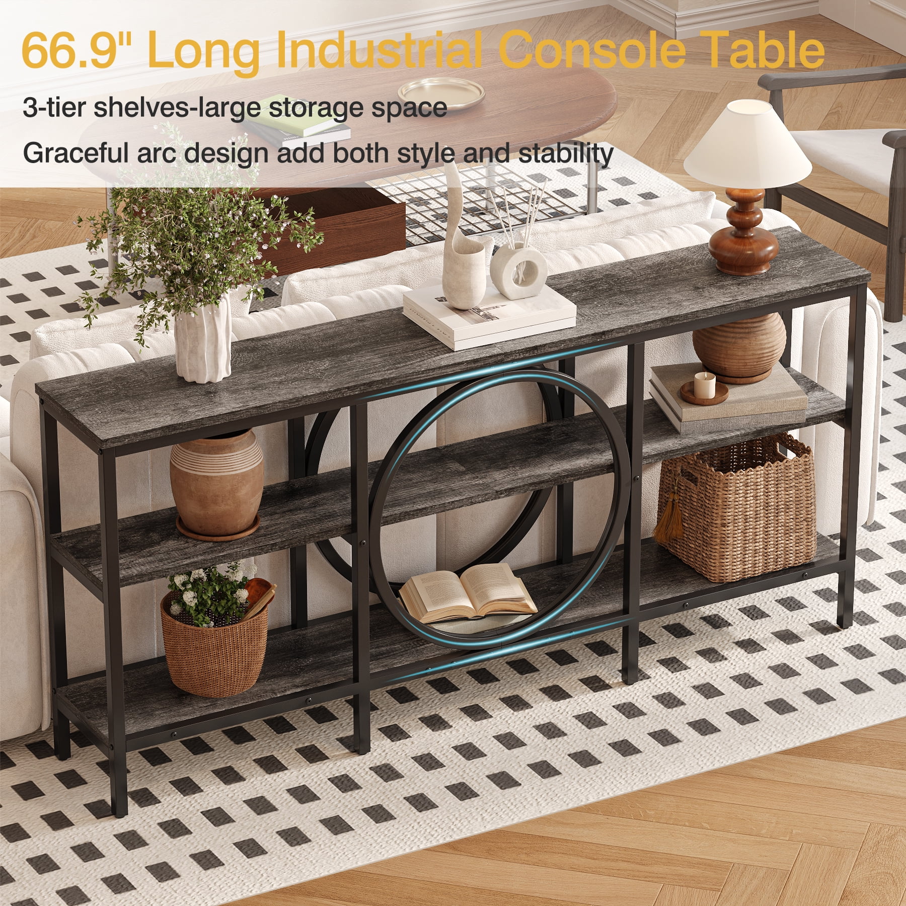 Tarnorci 66.9 Inch Extra Long Sofa Table, Narrow Long Sofa Console Tables Behind Couch Table with Open Storage Shelf, Gray+Black
