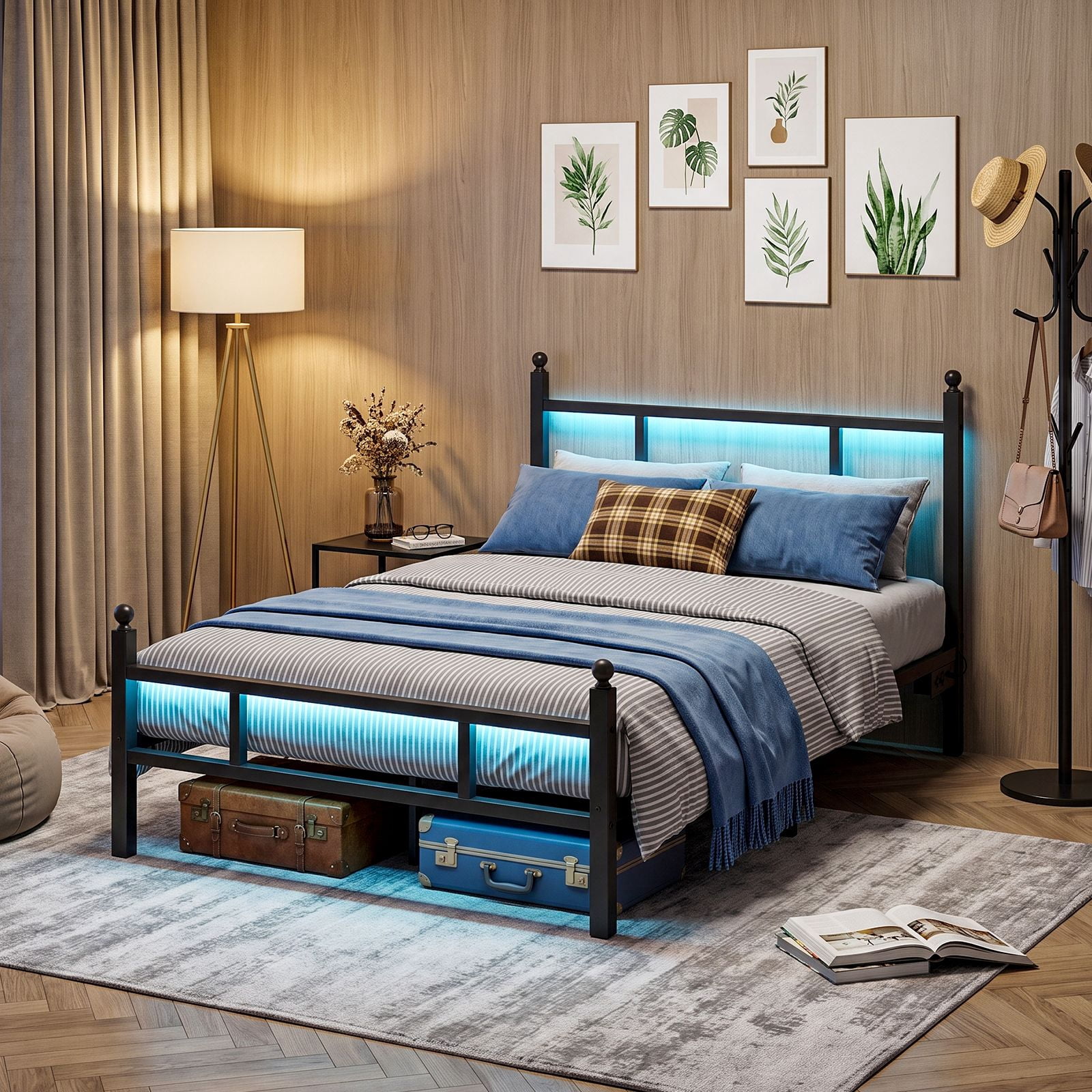 Twin Bed Frame with RGB LED Lights and Charging Station, Metal Platform Bed with Headboard and Footboard, 2 Outlets and 2 USB Ports, No Box Spring Needed, 500 lbs Capacity