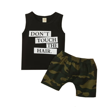 

Canrulo 2Pcs Baby Boy Summer Outfits Letter Print Sleeveless Tops Camouflage Shorts Set