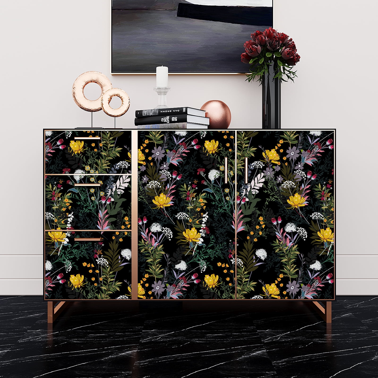 VEELIKE Dark Meadow Flowers Floral Peel and Stick Wallpaper Vintage Floral Wallpaper Mural Prepasted Removable Wallpaper 17.7''x354'' Vinyl Contact Paper Decorative for Bathroom Walls Cabinets Shelves