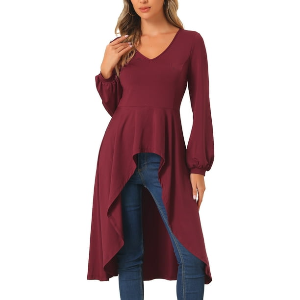 INSPIRAR CHIC Blusas largas de peplum con dobladillo asimétrico en V para mujer color burdeos S
