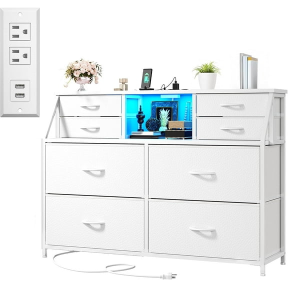 Dresser for Bedroom with Power Strip & LED, 8 Drawers Dresser with Extra 2 Open Shelves for Storage & Organization, Small Chest of Drawers for Closet, Hallway, Entryway, White
