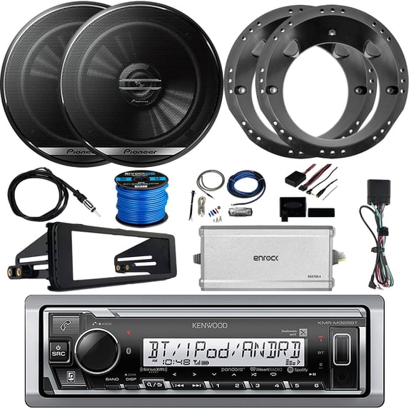 Kenwood KMR-M325BT Marine Digital Media Bluetooth Receiver, 2 x Pioneer 6.5" 2-Way Coaxial Car Speakers, Enrock 4-Channel Marine Amplifier, Stereo Installation Kit, Accessories