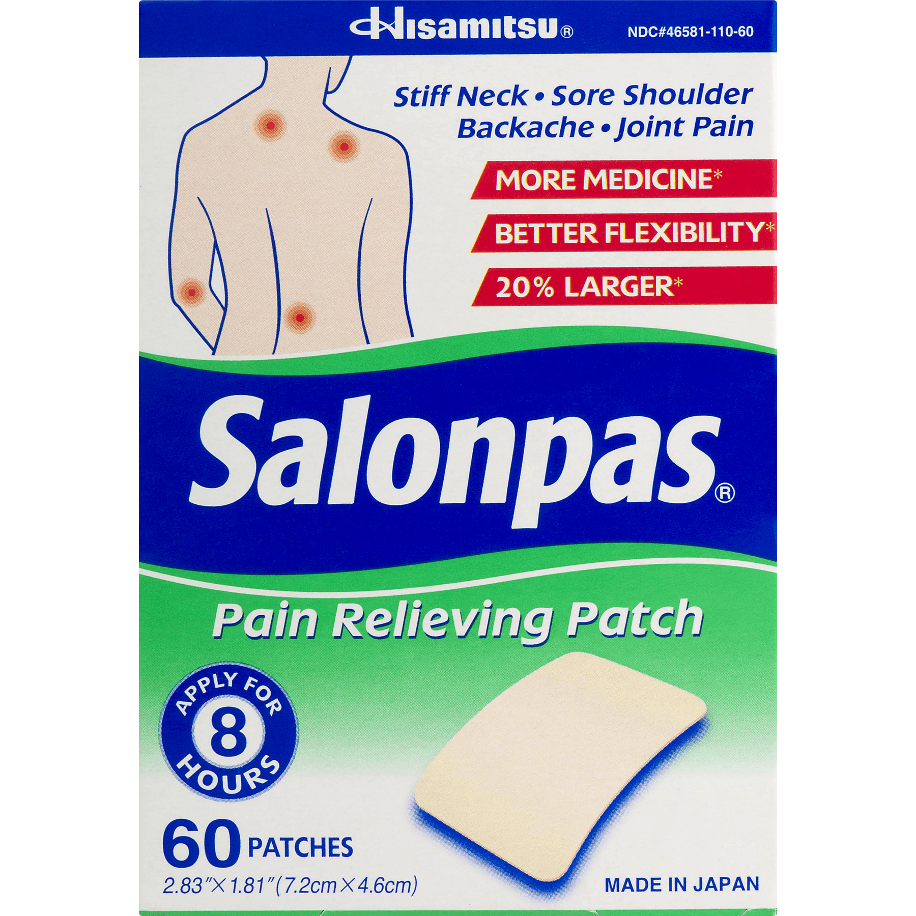 Salonpas Pain Relieving Patch, 8-Hour Pain Relief, 60 Patches