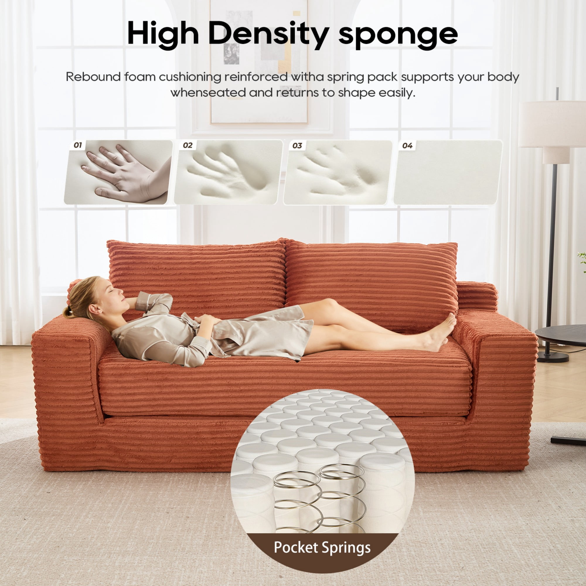 Convertible Sofa Bed,Compression Sofa,Corduroy Fabric Loveseat Sofa Floor Sofa Bed for Small Spaces, Apartments,No Assembly,Orange