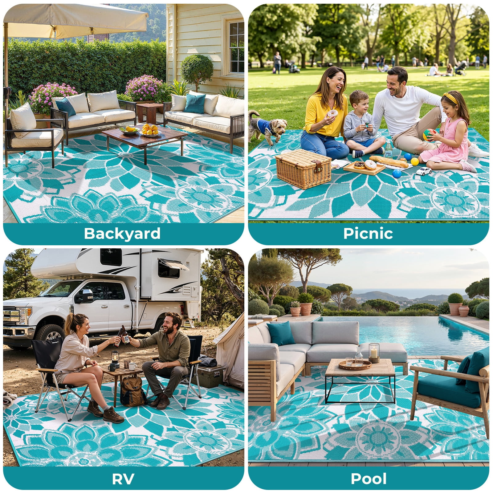 Findosom 6'x9' Outdoor Rug Patios Rug Waterproof RV Outdoor Rug Camping Rugs Reversible Plastic Straw Rug Large Outdoor Mat Outdoor Area Rug for Camping,Balcony Apartment,Patio,Picnic,Beach Teal