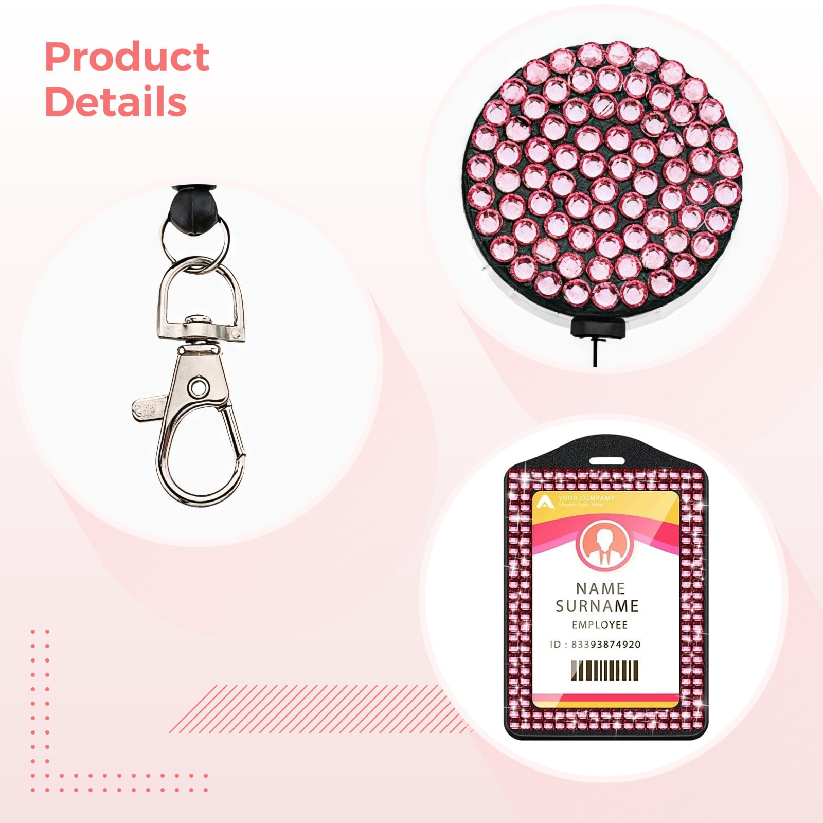 7-Color Rhinestone Lanyard Card Holder Set – Sparkling ID Badge Holder with Retractable Reel & Quick-Release Clip, Crystal-Decorated Horizontal Badge Holder for Students, Office & Nurses, Bling Work