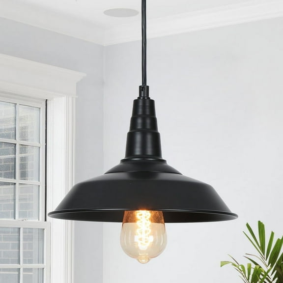 LNC Industrial Matte Black Metal Pendant Light with Wide Shade, 10.2" W x 10.2" D x 7" H