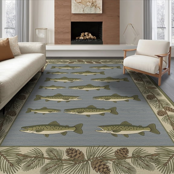 ODIKA 8'x10' Washable Area Rug Country Lake Scene With Vintage Fish And Pine Border Fishing Flowing Dynamic for King Size Bedroom Under Bed, Master Suite, Non-Shedding, Easy Care
