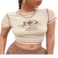 thumbnail image 1 of Women Angel Print T-Shirts Short Sleeve  Neck Contrast Stitch Crop Tops, 1 of 6