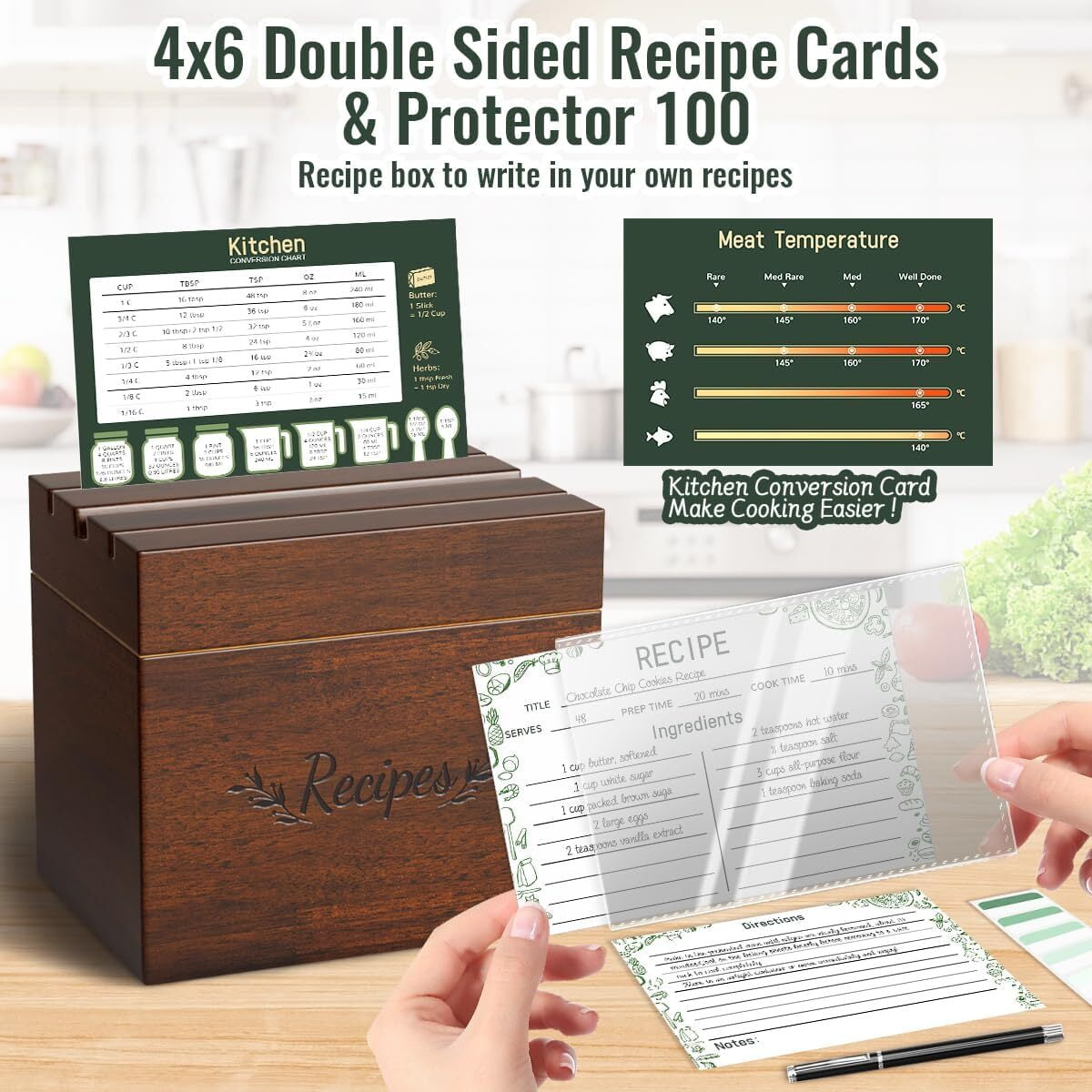 Recipe Box Set with 100 Recipe Cards 4x6 with Protectors,24 Dividers Tabs, Recipe Card Holder, Wood Box Organizer Set to Write in Your Recipes
