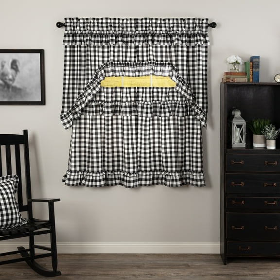 VHC Brands Annie Buffalo Check 4 PC Country Black Ruffled Curtain Set (2 Swag 36x16 and 2 Tier 36x36)