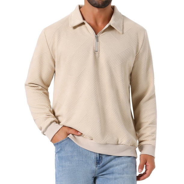 SUDADERA DE PULLOVER DE MANGA LARGA CON CREMALLERA CUARTO INSPIRE CHIC PARA HOMBRE, PATTERN GEOMÉTRICO, TALLA XL, BEIGE