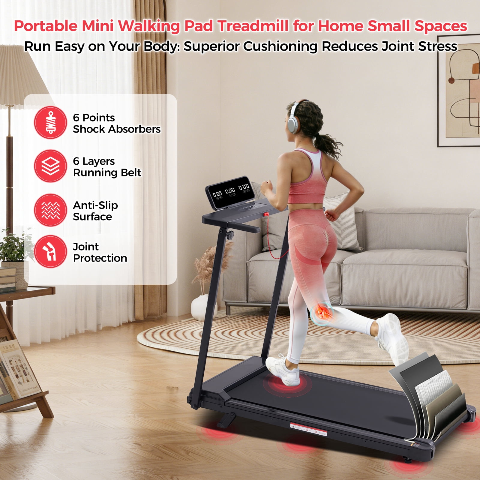 KASSADIN Portable Treadmill for Home Exercising, 3.5HP Walking Pad Treadmill with Handle Bar, 0.6-10MPH Foldable Electric Treadmills for Home Small with 12 Preset Progarms, 400LBS