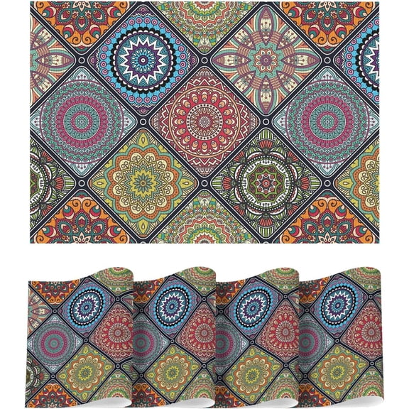 Mandala Vinyl Plastic Placemats Set of 4, 12x18 Inch Washable Non-Slip Vintage Table Mats for Party Kitchen Dining Decor