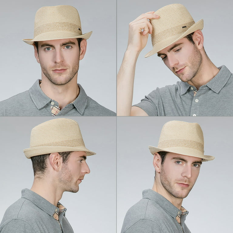 Comhats Mens Fedora Trilby Straw Sun Hats Summer Panama Beach Sunhats for  Men Foldable Short Brim Golf Hats Beige Small 