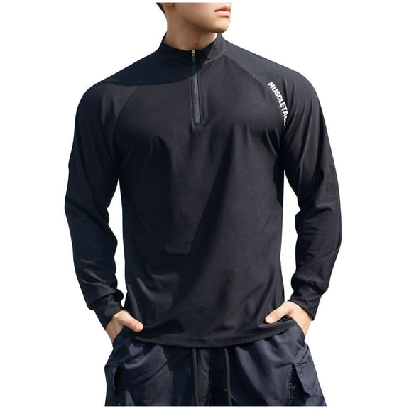 ZVNAΖH Mens Long Sleeve Active 1/4 Zip Stand Up Collar T-Shirt Solid Quick Dry Sports Training Top
