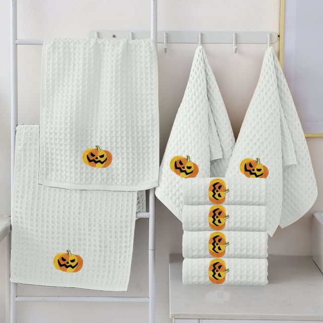 Set de toallas de algodón bordadas para Halloween | 3 Pack de toallas de baño blandas absorbentes | Negro Amarillo Gris Blanco | 2,62 PIES | 80x35cm | Toallas de spa decorativas para el hogar Comfort