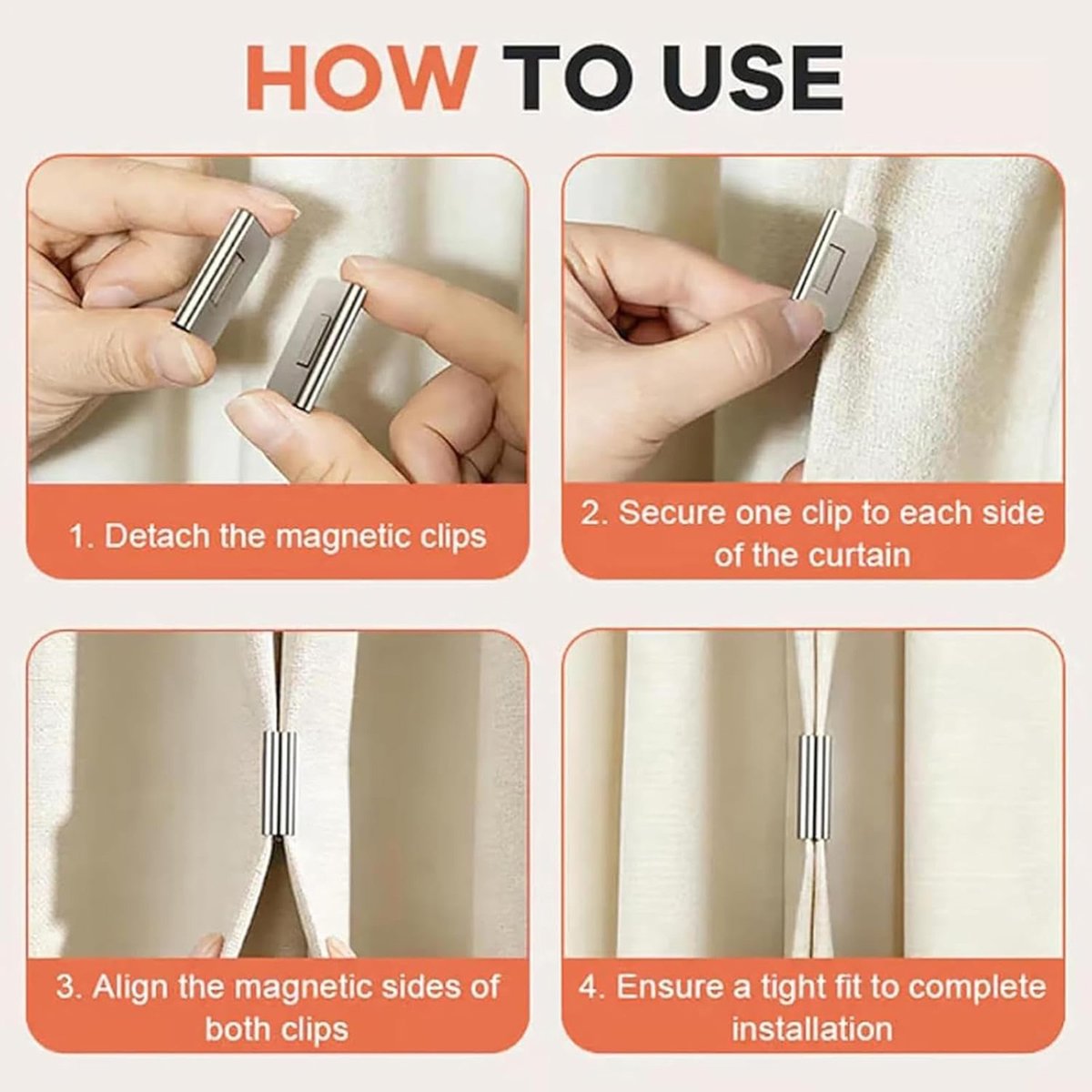 Four-step guide showing magnetic curtain clip installation