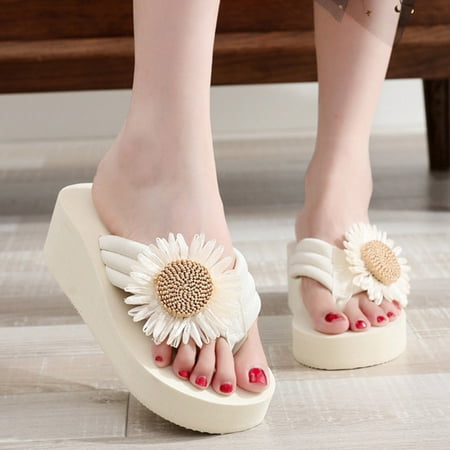 

Cathalem Fashion Spring And Summer Women Slippers Thick Bottom Wedge Heel Solid Color Flowers Sweeper Slippers for Women Beige 8.5