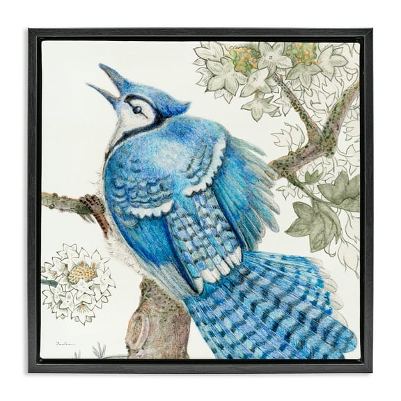 Stupell Industries Rhododendron & Blue Jay Animals Painting Black Floater Framed Canvas Art Print Wall Art, 18 x 18