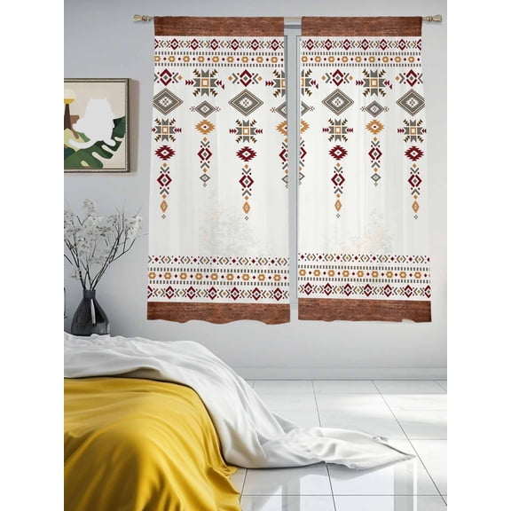 Vintage Southwest Sheer Curtains 63 inches Long 2 Panels Set Wood Grain Boho Geometric Tribal Style Tiers Sheers Rod Pocket Small Window Short Curtains for Kitchen Cafe, Each 52" W x 63" L