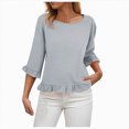 thumbnail image 5 of Towmus Womens 3/4 Sleeve Tops Knit Cotton Ladies Blouses Crew Neck T Shirts for Women Loose Fit Ruffle Sleeve Tunic Tops, M, Grey, 5 of 8