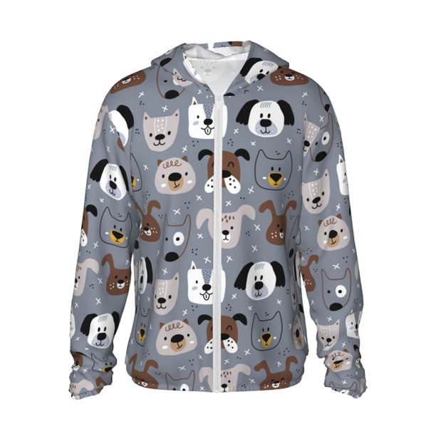 Fotbe Cute Dog Faces Chaqueta con Protección Solar UPF 50+ para Hombre y Mujer, Camisa con Capucha y Bolsillos-Large
