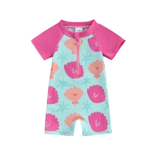 SUNSIOM Toddler Girls Rash Guard Swimsuit Flower Starfish Shell Pattern Zip Up Short Sleeve Crew Neck Baby Girls Swimwear