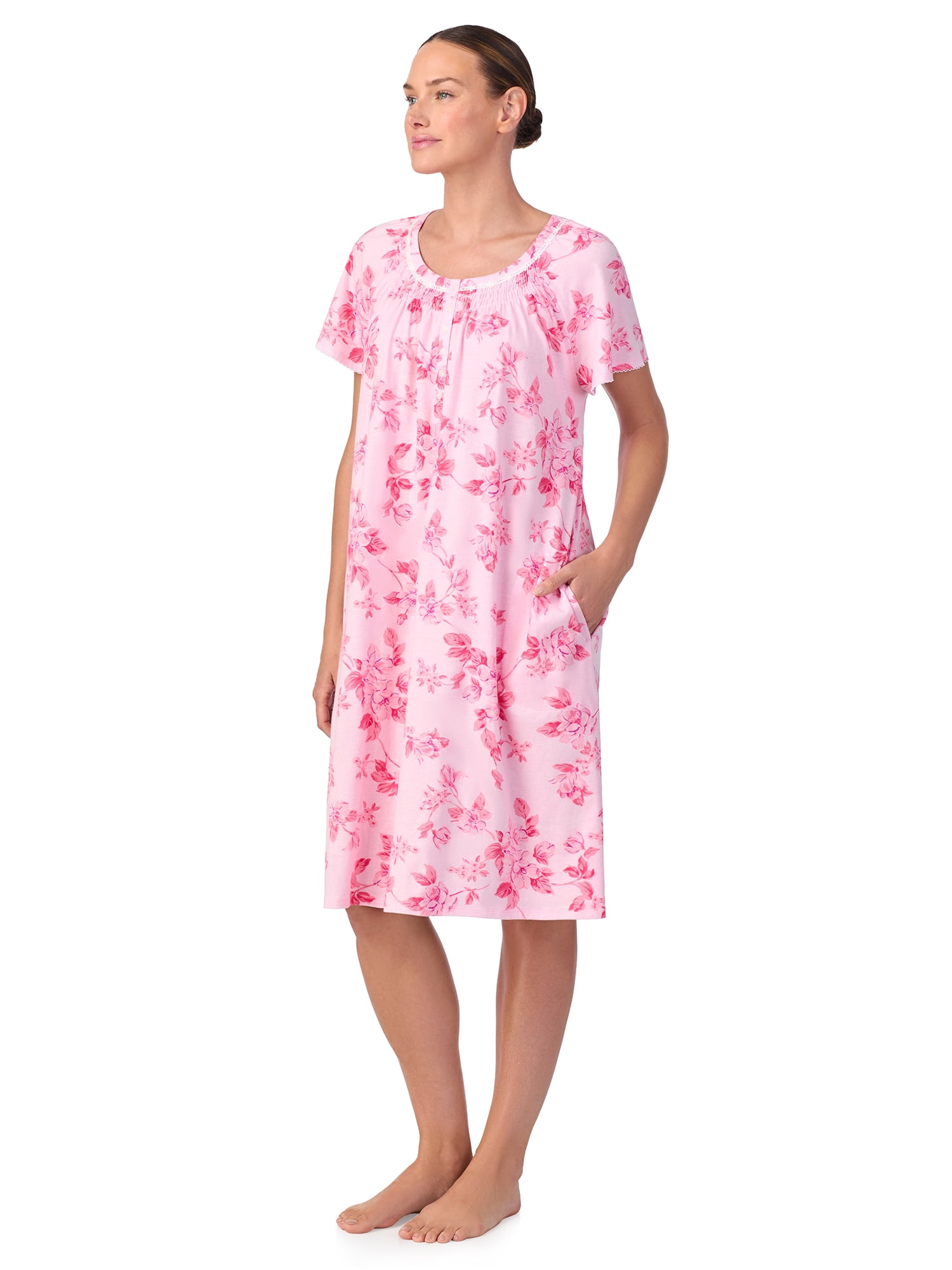 Aria Women's 100% Cotton Raglan Sleeve Smocked Neck Sleepwear 40" Gown, Sizes XS-5X