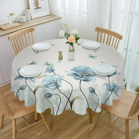 

Blue Flowers Butterflies Waterproof Tablecloth Tea Table Decoration Round Table Cover for Kitchen Wedding Party Home Dining Room